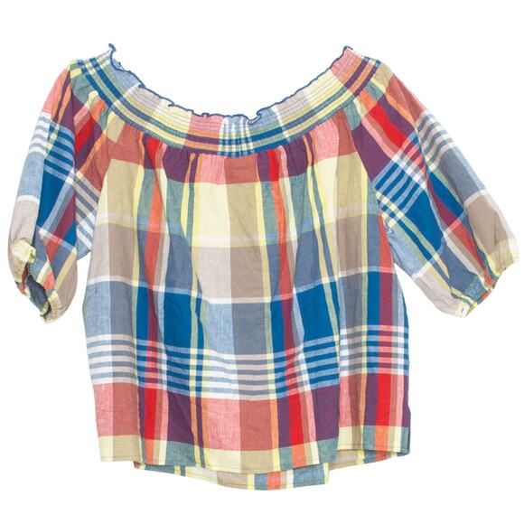 NWOT Lane Bryant Womens Top Off Shoulder Linen Blend Plaid Summer Size 18/20 DW - Picture 2 of 4